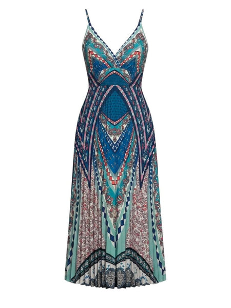 ^Caballero Genevieve Bardot Boho Print Cami Surplice V-Neck Accordion Pleat Midi Dress, Size XS