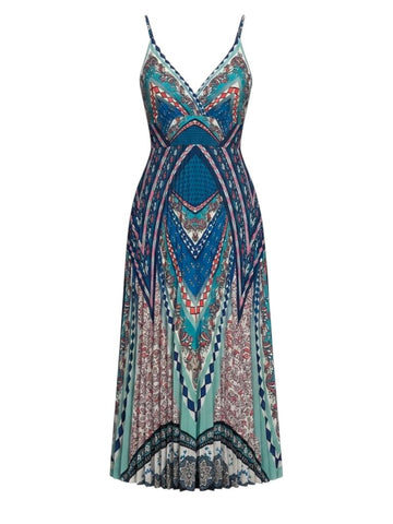 ^Caballero Genevieve Bardot Boho Print Cami Surplice V-Neck Accordion Pleat Midi Dress, Size XS