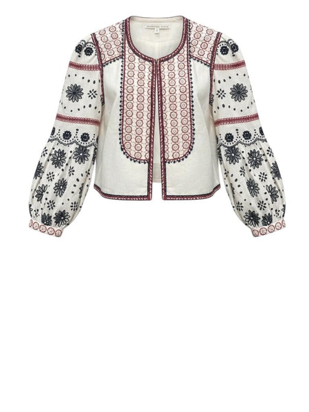 ^Veronica Beard Shilin Linen Eyelet Embroidered & Beaded Balloon Sleeve Cropped Jacket, Size M