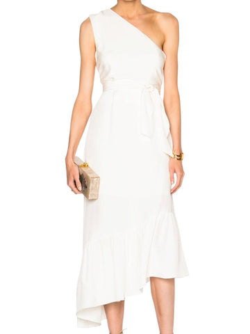 *Tibi Cotton Sleeveless One Shoulder Sash Tie Waist Asymmetric Split Hem Midi Dress, Size 4