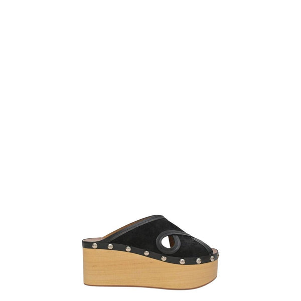 ^Isabel Marant Zipla Suede Stud Detail Wood Platform Wedge Clog Slide Sandals, Size 39