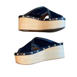 ^Isabel Marant Zipla Suede Stud Detail Wood Platform Wedge Clog Slide Sandals, Size 39