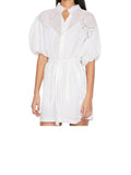 *FRAME Ramie Inset Lace Puff Sleeve Button-Up Belted Mini Shirt Dress w/Slip, Size M