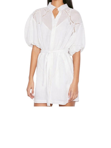 *FRAME Ramie Inset Lace Puff Sleeve Button-Up Belted Mini Shirt Dress w/Slip, Size M