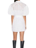 *FRAME Ramie Inset Lace Puff Sleeve Button-Up Belted Mini Shirt Dress w/Slip, Size M