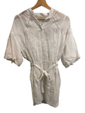 *FRAME Ramie Inset Lace Puff Sleeve Button-Up Belted Mini Shirt Dress w/Slip, Size M