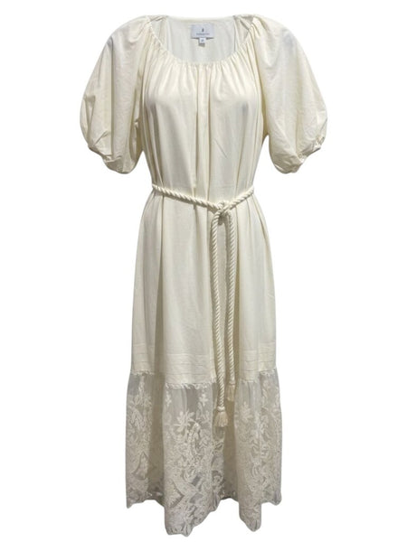 ^Tuckernuck x Studio McGee Poplin Lace Hem Puff Sleeve V-Neck Belted Midi Dress, Size S