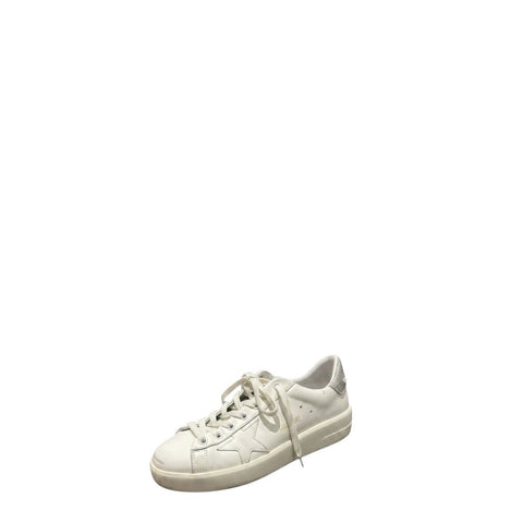 ^Golden Goose Pure-Star Leather Glitter Heel Cap Lace-Up Low-Top Sneakers, Size 36