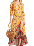 ^Farm Rio X Anthro Soigne Floral & Paisley Prints 3/4 Sleeve Ruffle Hem Wrap Maxi Dress, Size M