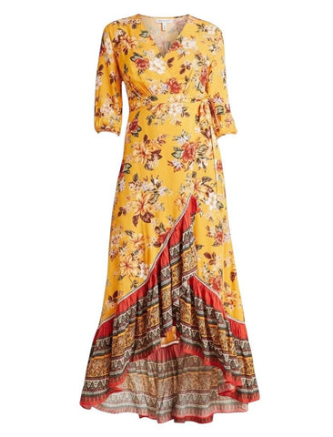 ^Farm Rio X Anthro Soigne Floral & Paisley Prints 3/4 Sleeve Ruffle Hem Wrap Maxi Dress, Size M