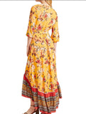 *Farm Rio X Anthro Soigne Floral & Paisley Prints 3/4 Sleeve Ruffle Hem Wrap Maxi Dress, Size M