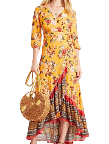 *Farm Rio X Anthro Soigne Floral & Paisley Prints 3/4 Sleeve Ruffle Hem Wrap Maxi Dress, Size M