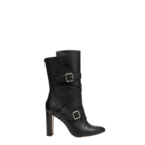 *Manolo Blahnik Josi Pointed Toe Buckle Wrap 4" Block Heel Low Shaft Boots, Size 41