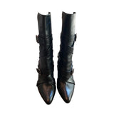 *Manolo Blahnik Josi Pointed Toe Buckle Wrap 4" Block Heel Low Shaft Boots, Size 41