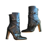 *Manolo Blahnik Josi Pointed Toe Buckle Wrap 4" Block Heel Low Shaft Boots, Size 41