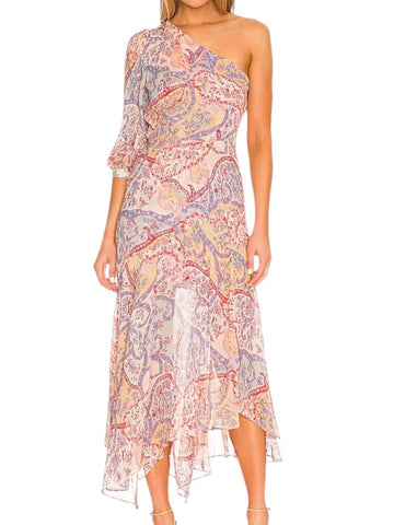 *Veronica Beard Kimber Silk Paisley One Shoulder 3/4 Sleeve Side Slit Asymmetrical Hem Midi Dress, Size 4