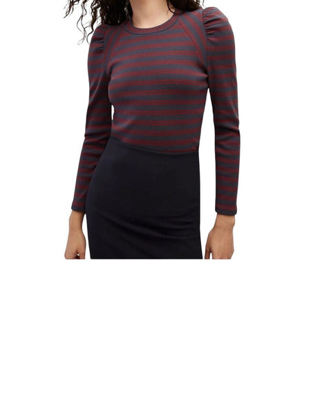 ^NWT Veronica Beard Delano Cotton Jersey Stripe Long Puffed Sleeve Crew Neck Tee Top, Size XS