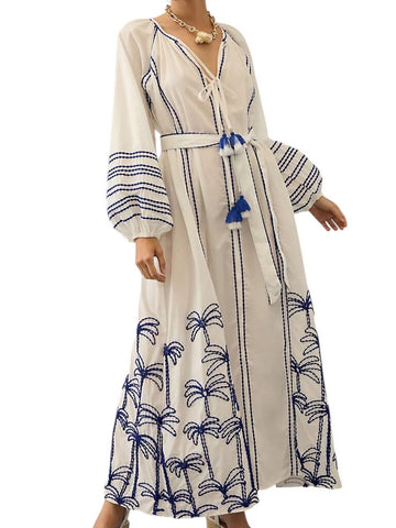 *NWT Lace The Label Embroidered Peasant Cotton Balloon Sleeve Tie Split Neck Maxi Dress, Size S