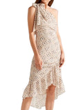 *Ulla Johnson Imogen Silk Chiffon Squares Ruffle Trim One Shoulder Ruched Bodice Midi Dress, Size 6