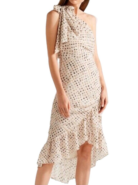 ^Ulla Johnson Imogen Silk Chiffon Squares Ruffle Trim One Shoulder Ruched Bodice Midi Dress, Size 6