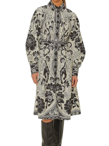 ^FARM Rio Flower Leopards Cotton Long Sleeve Collared Midi Dress, Size XS