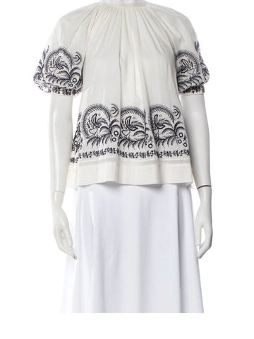 *Ulla Johnson Blythe Cotton Voile Embroidered Puff Sleeve Round Neck Top, Size 2