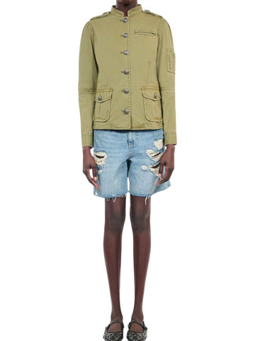 ^The Kooples Military Cotton Twill Stand Collar Flap Pocket Embossed Button-Up Utility Jacket, Size 3=US L
