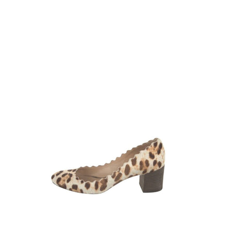 ^Chloe Lauren Laser-Cut Pony Hair Scalloped Leopard Print Round Toe Stacked Heel, Size 37.5
