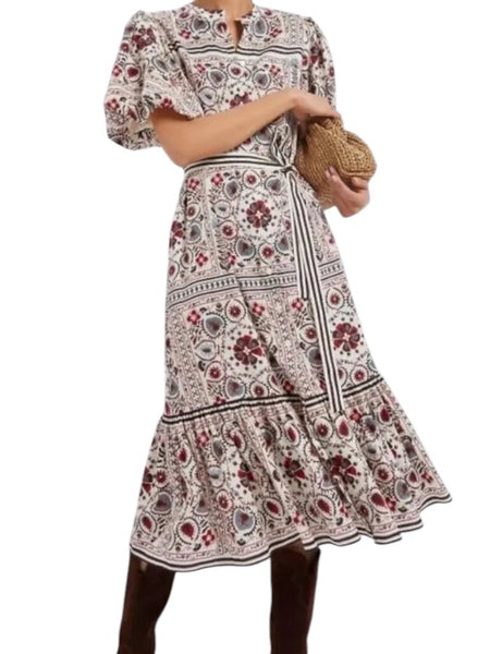 *Tuckernuck Patchwork Floral Lewis Puff Sleeve Round Collar Button Up Tiered Hem Dress, Size XL