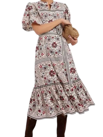 *Tuckernuck Patchwork Floral Lewis Puff Sleeve Round Collar Button Up Tiered Hem Dress, Size XL