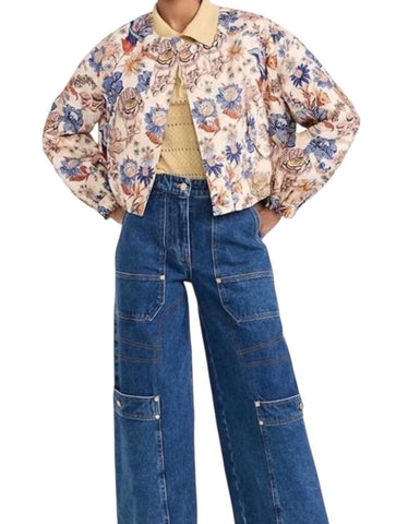 *Ulla Johnson Jade Cotton Magnolia Floral Blouson Sleeve Collarless Button-Up Cropped Jacket, Size M