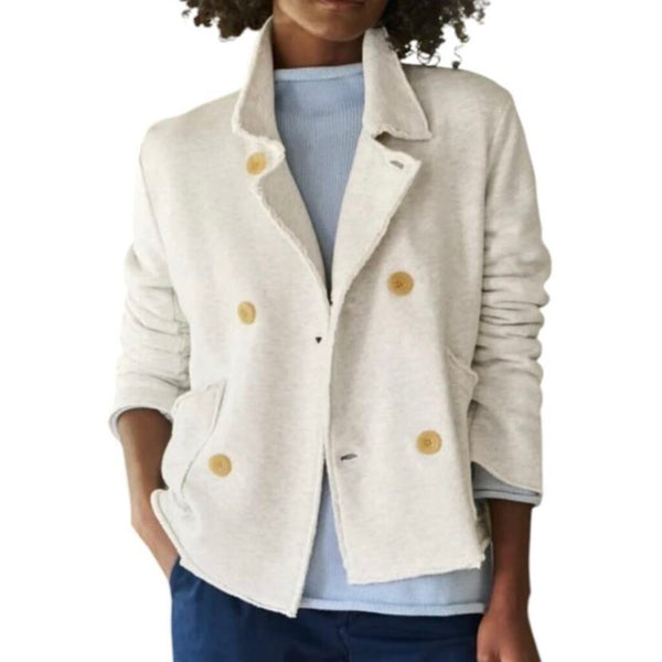 ^Frank & Eileen Mini Belfast Heathered Cotton Triple Terry Double Breasted Notch Lapel Cropped Blazer Jacket, Size M