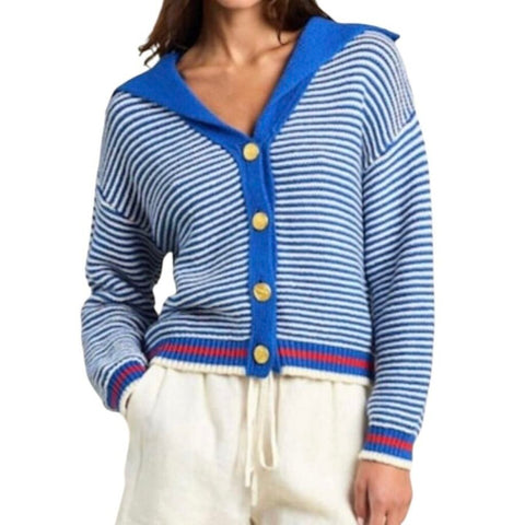 ^Trovata Savannah Cotton Stripe Contrast Collar Gold-Button Cardigan Sweater, Size S