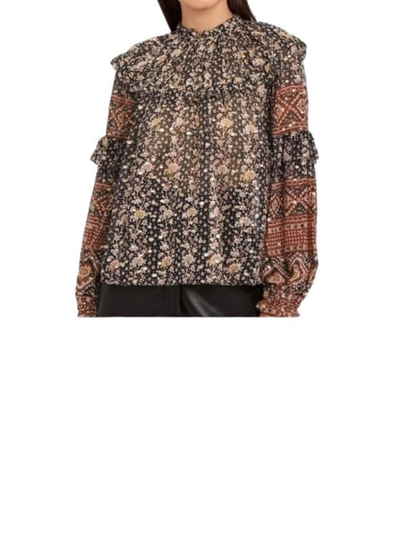 *Ulla Johnson Eleni Silk Metallic Clipdot Floral Ruffle Trim Balloon Sleeve Gathered Yoke Top, Size 6