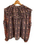 *Ulla Johnson Eleni Silk Metallic Clipdot Floral Ruffle Trim Balloon Sleeve Gathered Yoke Top, Size 6