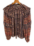 *Ulla Johnson Eleni Silk Metallic Clipdot Floral Ruffle Trim Balloon Sleeve Gathered Yoke Top, Size 6