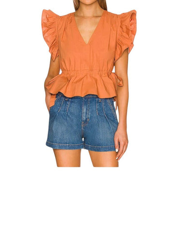 *Ulla Johnson Iyla Cotton Poplin Flutter Sleeve V-Neck Tie Cinch Waist Peplum Top, Size 8