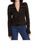 *Veronica Beard Embry Alpaca & Wool Stripe Button-Front V-Neck Boyfriend Cardigan, Size L