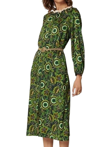 ^NWT Tara Jarmon Reala Mod Floral Long Sleeve Contras Ruffle Collar Tie-Waist Midi Dress, Size FR 38=US 6
