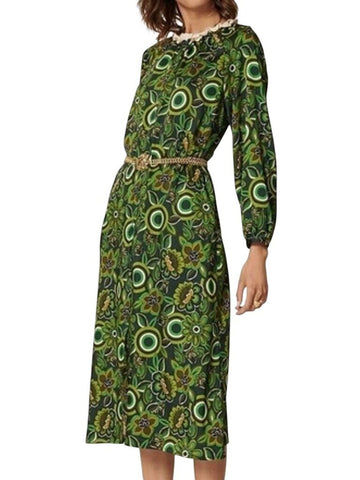 ^NWT Tara Jarmon Reala Mod Floral Long Sleeve Contras Ruffle Collar Tie-Waist Midi Dress, Size FR 38=US 6