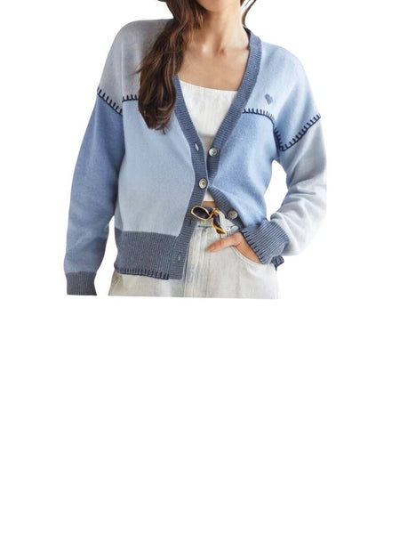 *Kerri Rosenthal Cashmere Patchwork Whipstitch Button-Up V-Neck Cardigan Sweater, Size S
