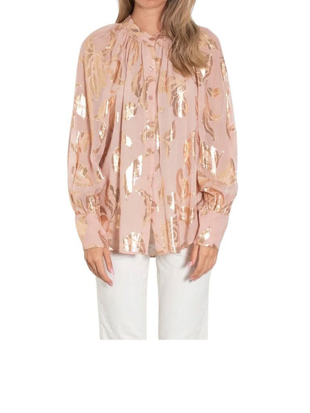 *Rebecca Taylor Datura Silk Metallic Floral Balloon Sleeve Button-Up Top, Size 4