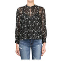*Veronica Beard Walker Silk Chiffon Metallic Floral Long Sleeve Smocked Cuff Keyhole Neck Top, Size 2