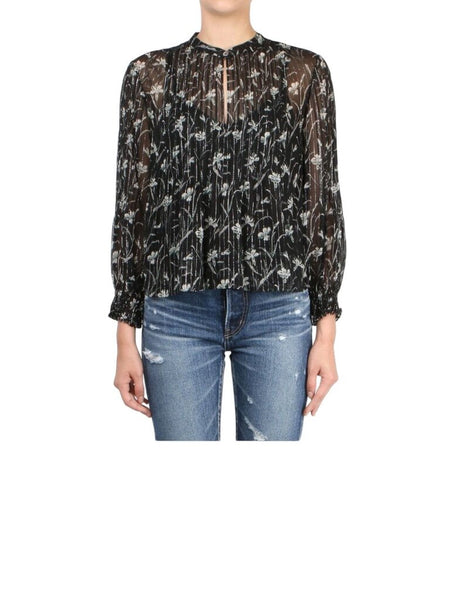 *Veronica Beard Walker Silk Chiffon Metallic Floral Long Sleeve Smocked Cuff Keyhole Neck Top, Size 2