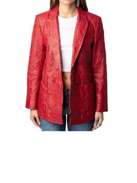 ^NWT Zadig & Voltaire Visko Crinkled Leather Notch Collar Double Breasted Blazer Jacket, Size FR40=8