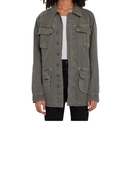 *NSF Roger Cotton Twill Button-Up Cinch Waist Raw Hem Cargo Jacket, Size P=XS