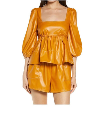 *Staud Sophie Faux Leather Elbow Puff Sleeve Square Neck Peplum Top, Size S
