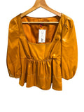 *Staud Sophie Faux Leather Elbow Puff Sleeve Square Neck Peplum Top, Size S