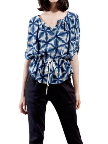 ^Ulla Johnson Silk Georgette Shobori Tie Dye 3/4 Sleeve Round Neck Drawstring Waist Top, Size 6