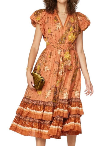 *Ulla Johnson Etta Textured Cotton Floral Birds Flutter Sleeve Round Neck Tiered Mini Dress, Size 8